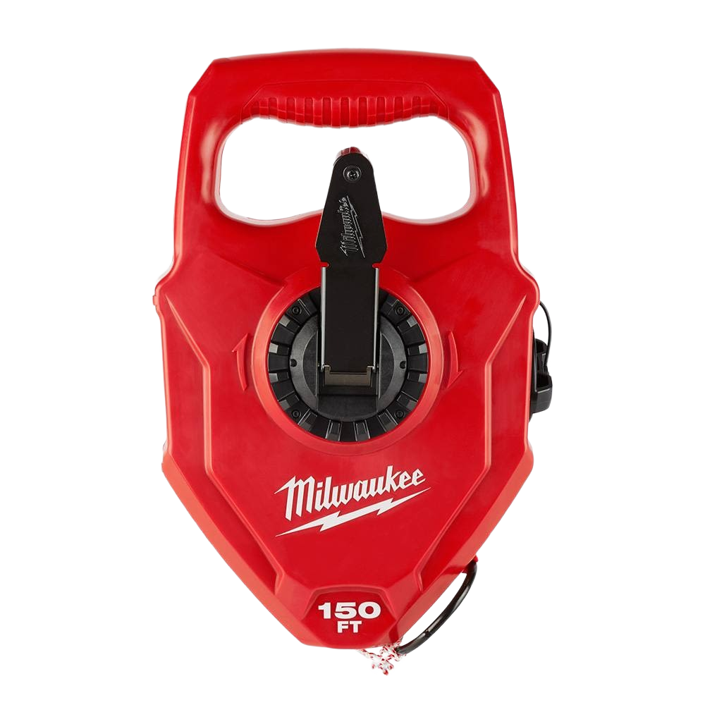 Red Milwaukee chalk reel with large 150-foot capacity and durable handle for woodworking and measuring tools collections