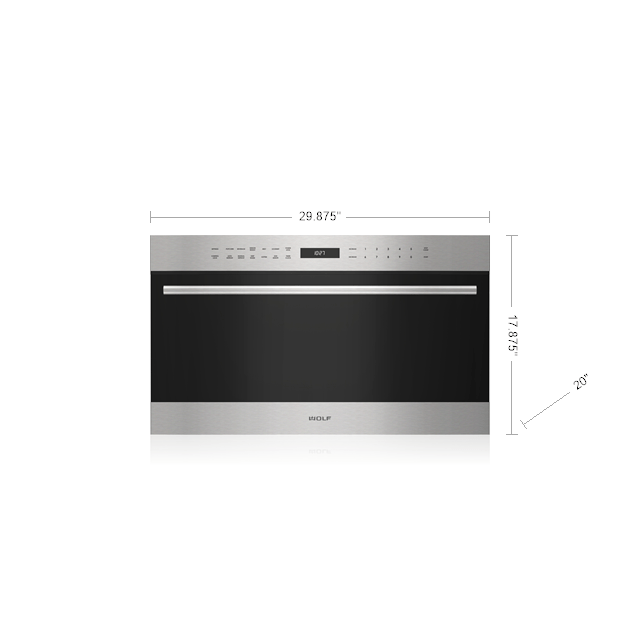 Stainless steel transitional microwave with drop down door, digital display, and integrated handle for home improvement kitchens