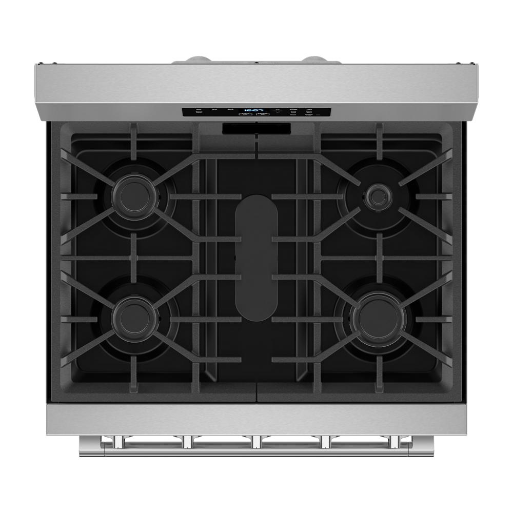 Top view of a 30-inch wide stainless steel gas range with five burners and digital control panel in kitchen appliances collection