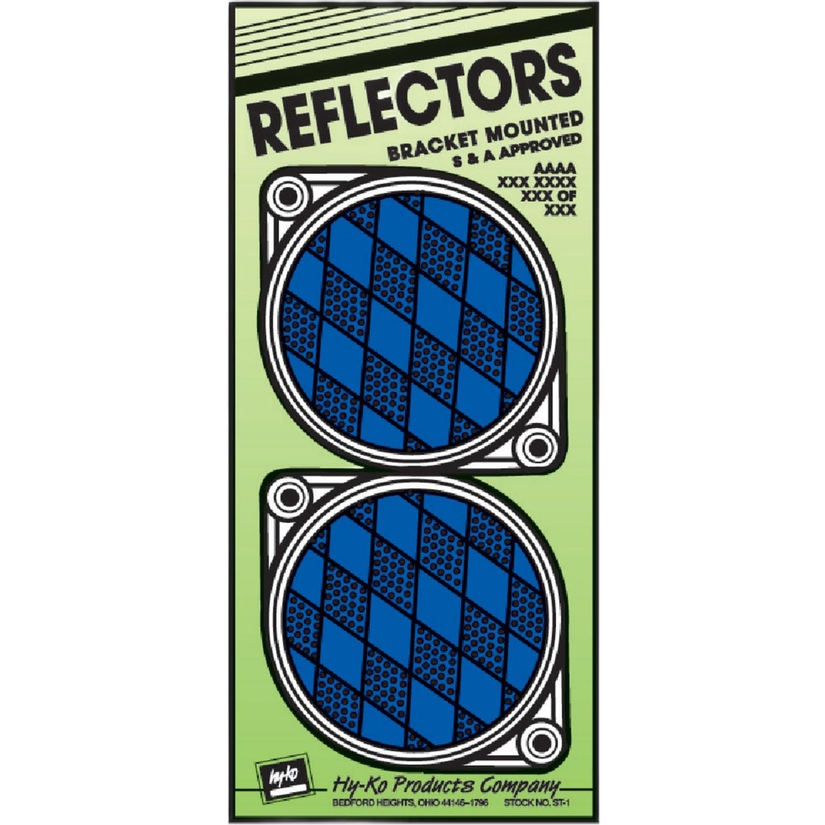 Pair of blue round bracket-mounted nail-on reflectors on green display card for automotive and safety supplies