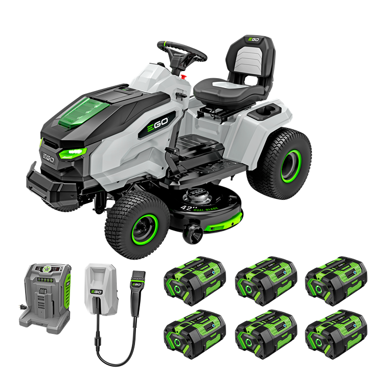 Battery powered gray and black riding lawn mower with green accents, six batteries, charger, and adapter for outdoor power equipment.