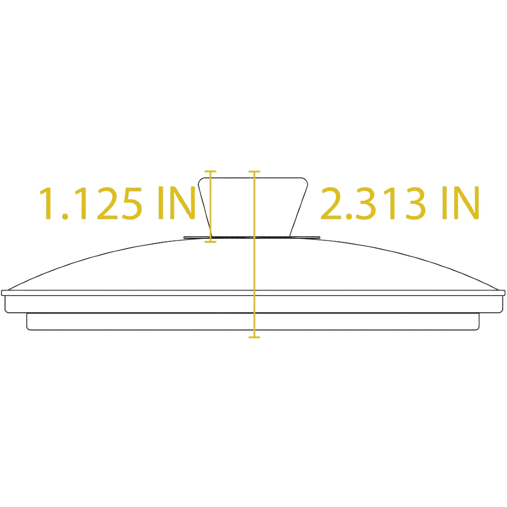 Side profile line drawing of a round tempered glass lid with measurements in kitchenware collections under $50