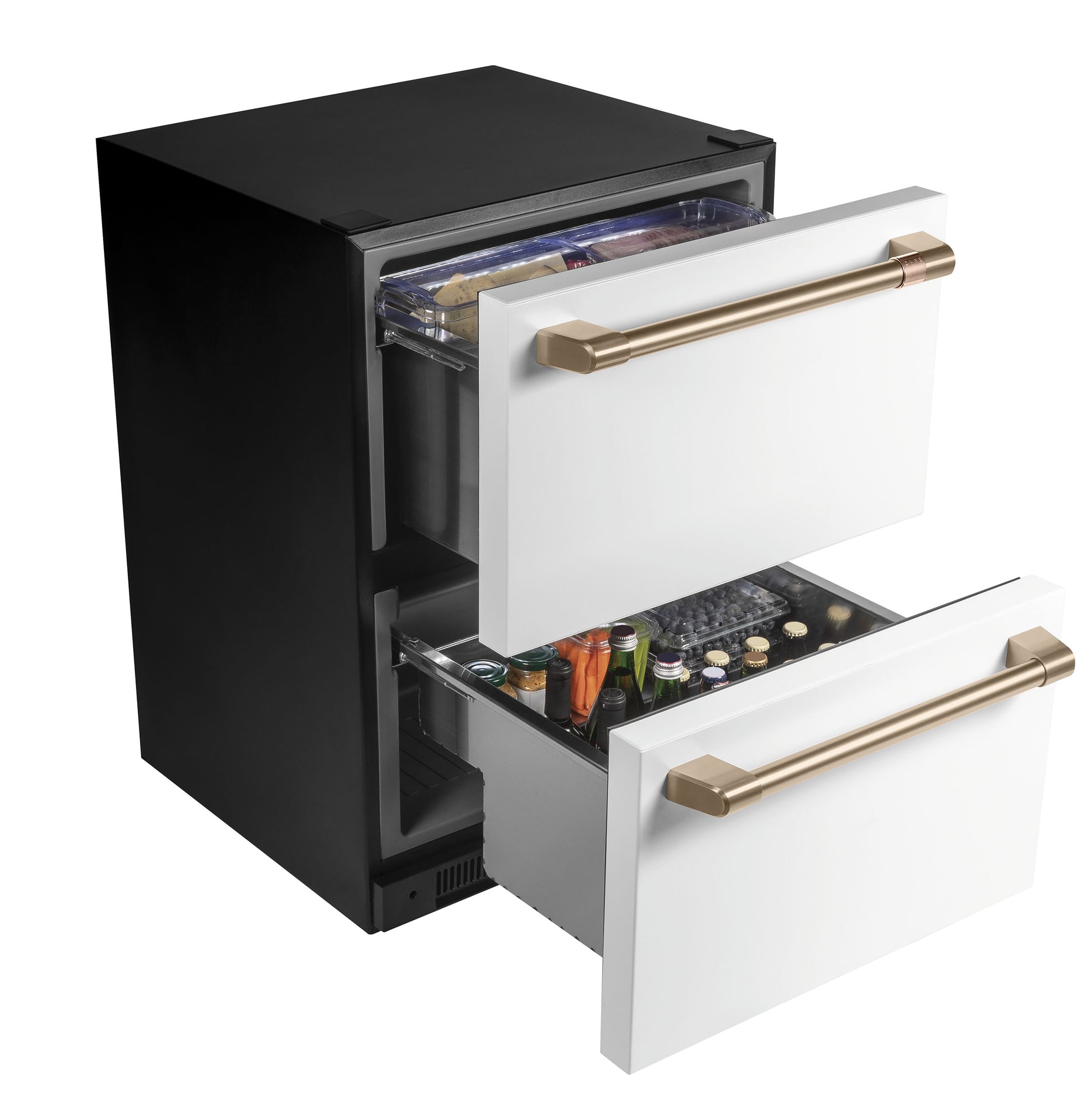 Built-in dual-drawer refrigerator with white front panels and bronze handles in kitchen and appliances collection