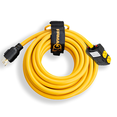 Heavy-duty yellow power extension cord with grounded plug and dual outlet for tools and home improvement projects