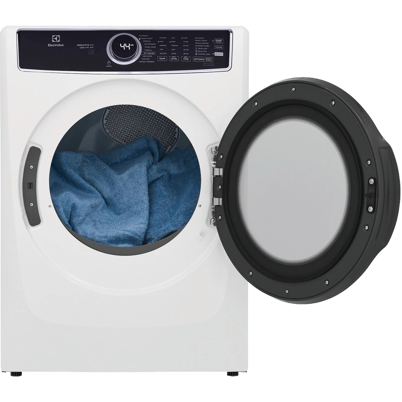 White front load gas dryer with digital control panel, open door, and blue towel inside in Dryers and Appliances collections