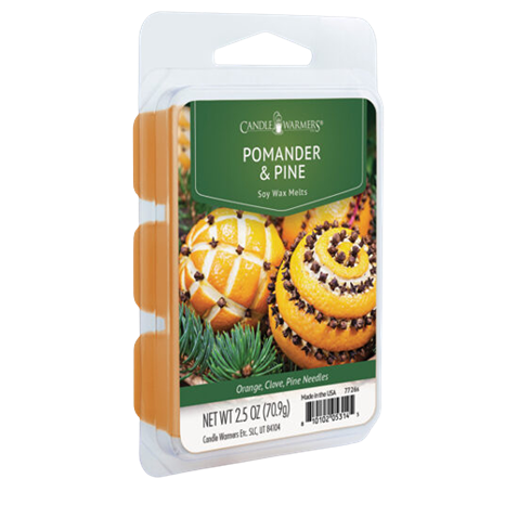 Clove-studded orange and pine-scented soy wax melts in clear plastic clamshell for home fragrance use