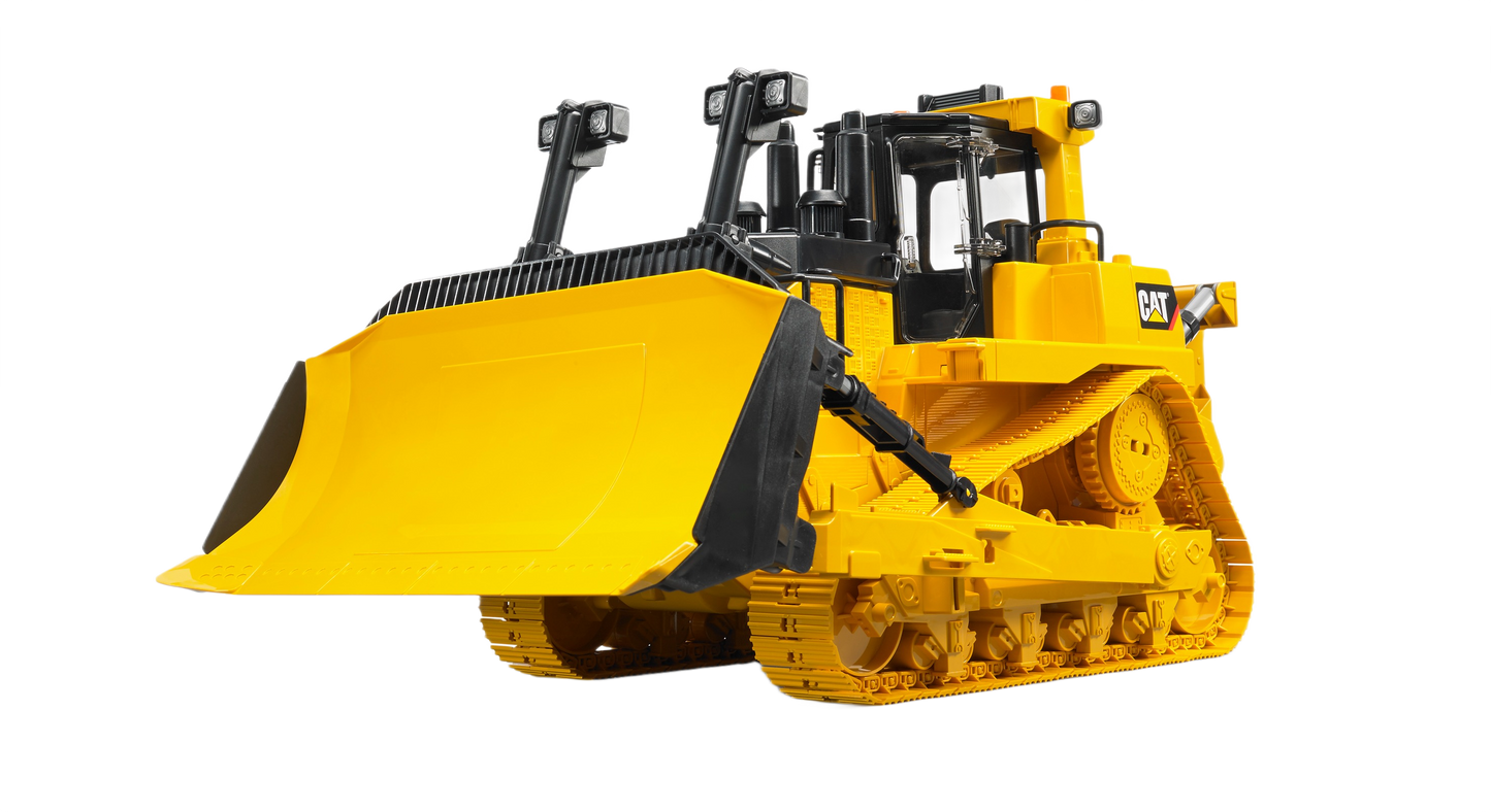 Yellow CAT large track-type tractor model with detailed cabin and front blade for tools and home improvement play