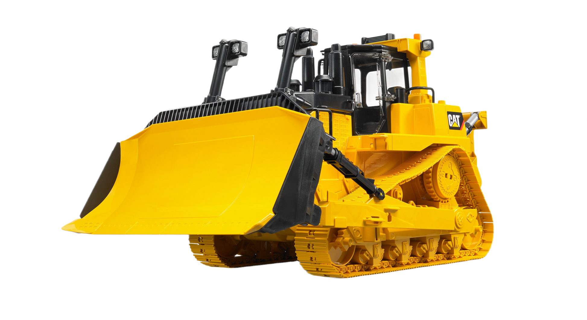 Yellow CAT large track-type tractor model with detailed cabin and front blade for tools and home improvement play