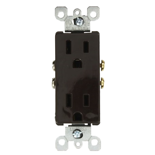 Brown duplex electrical outlet with metal mounting brackets for home improvement and wiring projects