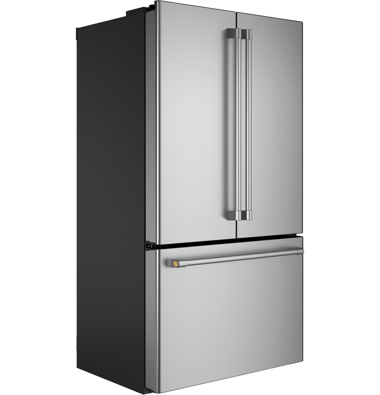 Stainless steel counter-depth French-door refrigerator with bottom freezer in kitchen and appliance collections