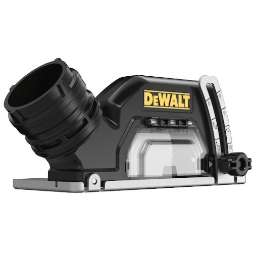 Black and yellow DEWALT attachment accessory for dust collection with adjustable angle guide, designed for woodworking and power tool use.