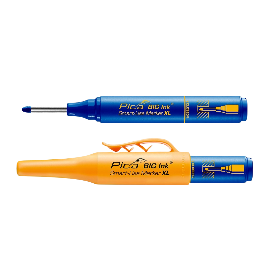 Blue and orange large-tip marker pens for precise permanent markings in woodworking and hand tool collections