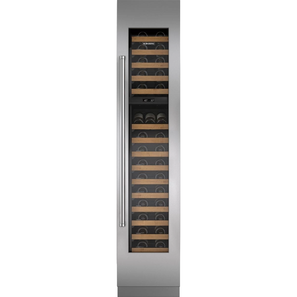 Tall stainless steel beverage center with glass door and wooden shelves, designed for kitchen and mini refrigerator collections.