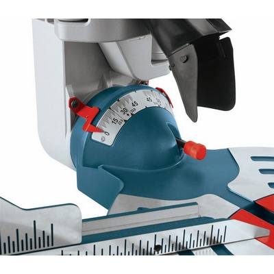 Close-up of blue Bosch miter saw angle adjustment and scale for precise cutting in power tools and home improvement