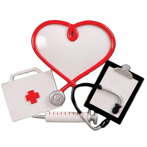 Heart-shaped ornament with stethoscope, medical kit, clipboard, and syringe for Christmas tree decorations under $50 collection
