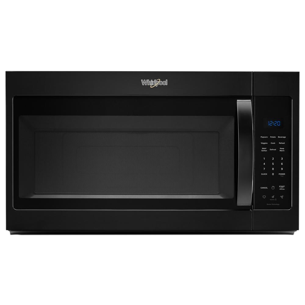 Black Whirlpool over-the-range microwave with sensor cooking controls and blue digital display from Kitchen & Kitchenware collection