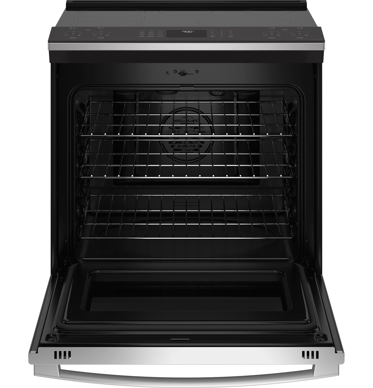 Open black stainless steel slide-in induction and convection range oven with racks and digital controls from Ranges collection