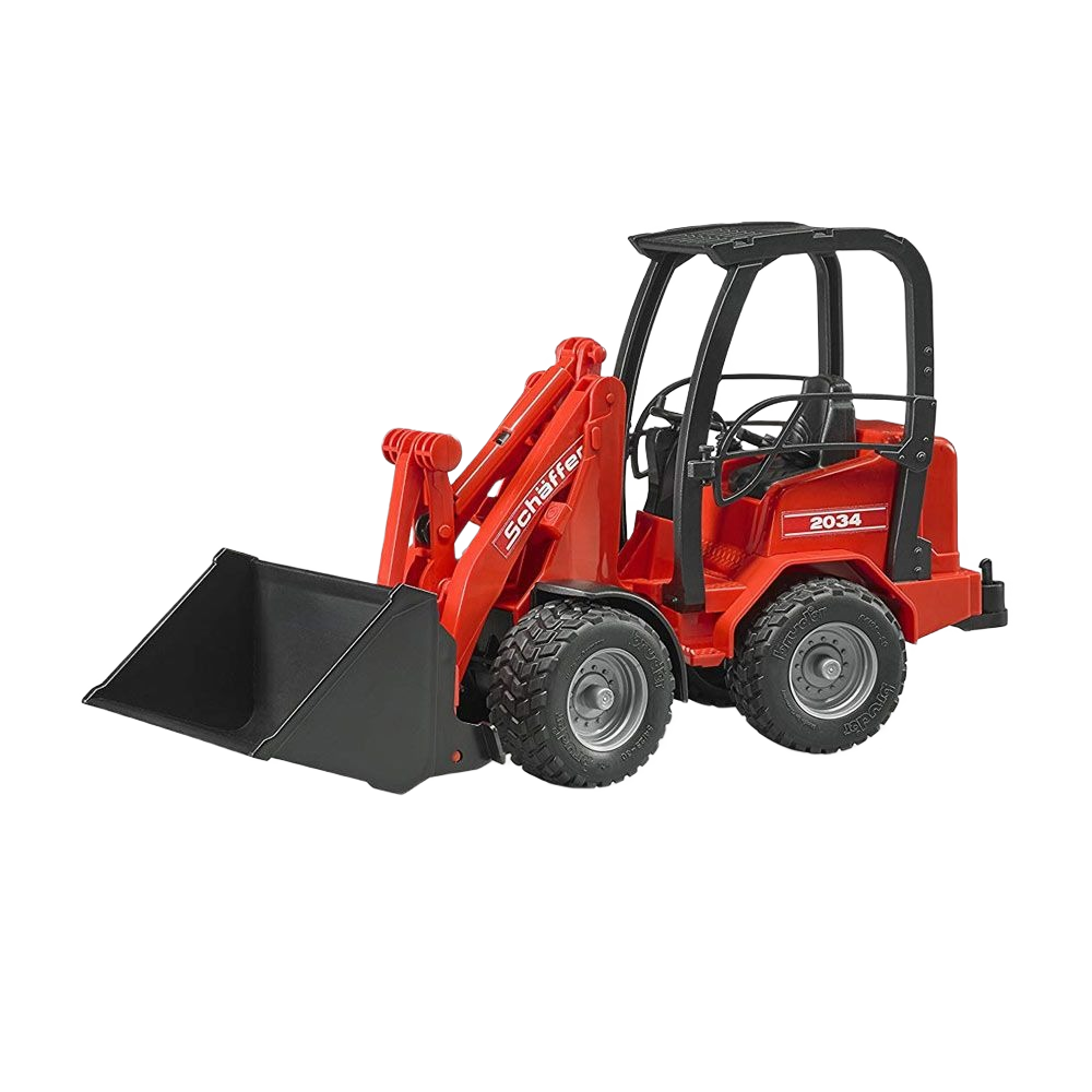 Red compact loader toy vehicle with front bucket and detailed cab for construction play and home improvement tools