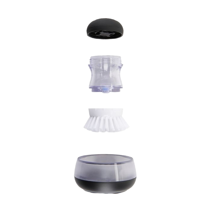 Disassembled cleaning brush with clear soap dispenser and black base for kitchen cleaning tools under $50 collection