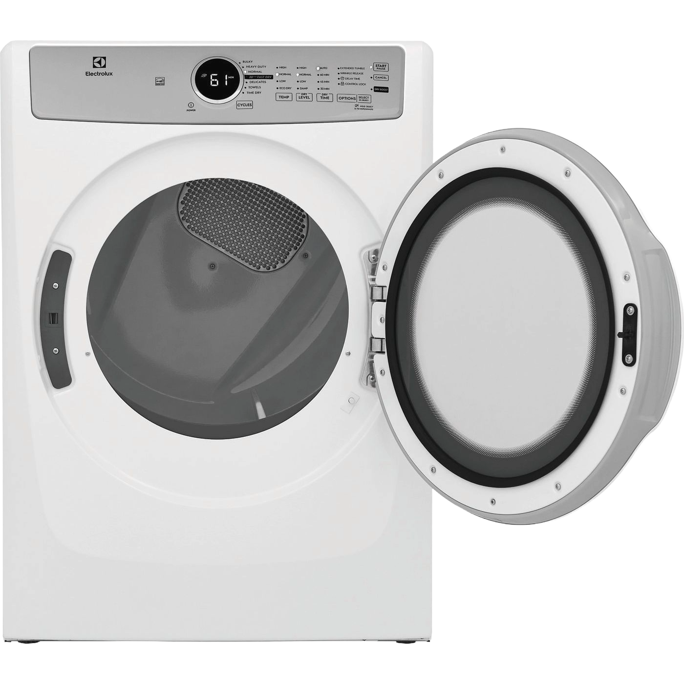 Front load gas dryer with open door showing interior drum and digital control panel from Dryers and Appliances collections