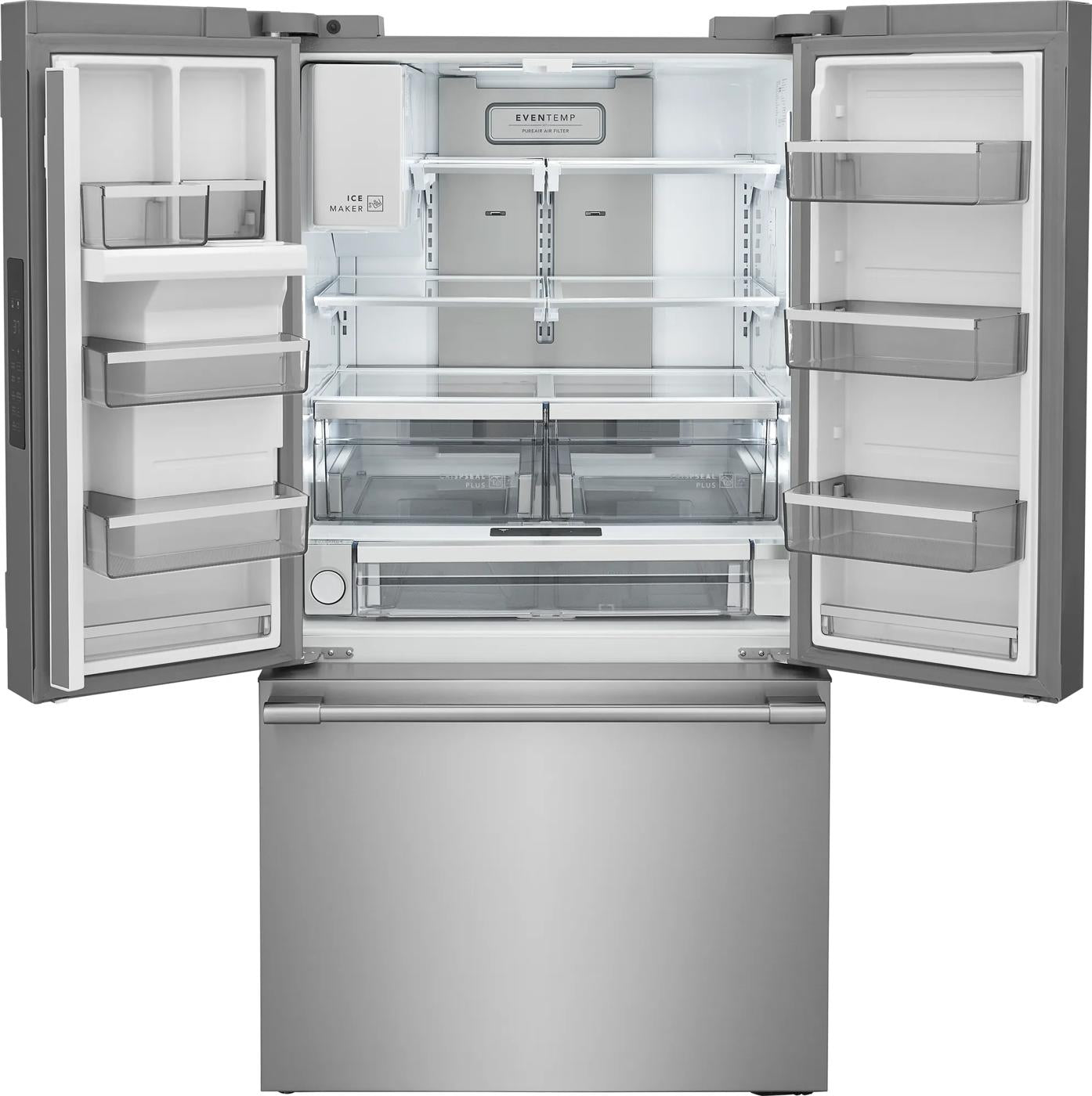Standard-depth French door refrigerator in stainless steel with multiple adjustable shelves and spacious door bins in appliances collection