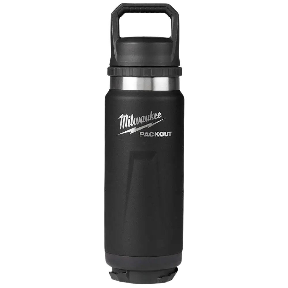 Black insulated 24oz Milwaukee PACKOUT bottle with chug lid and twist-to-lock connectivity for tool accessories collection