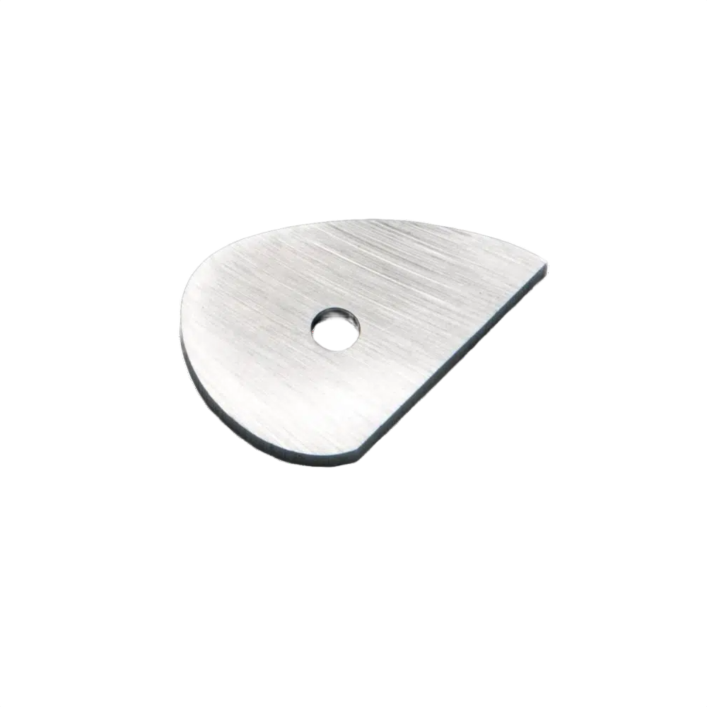 Medium-sized polished metal scraper tip with tear drop shape and central mounting hole for woodworking tools
