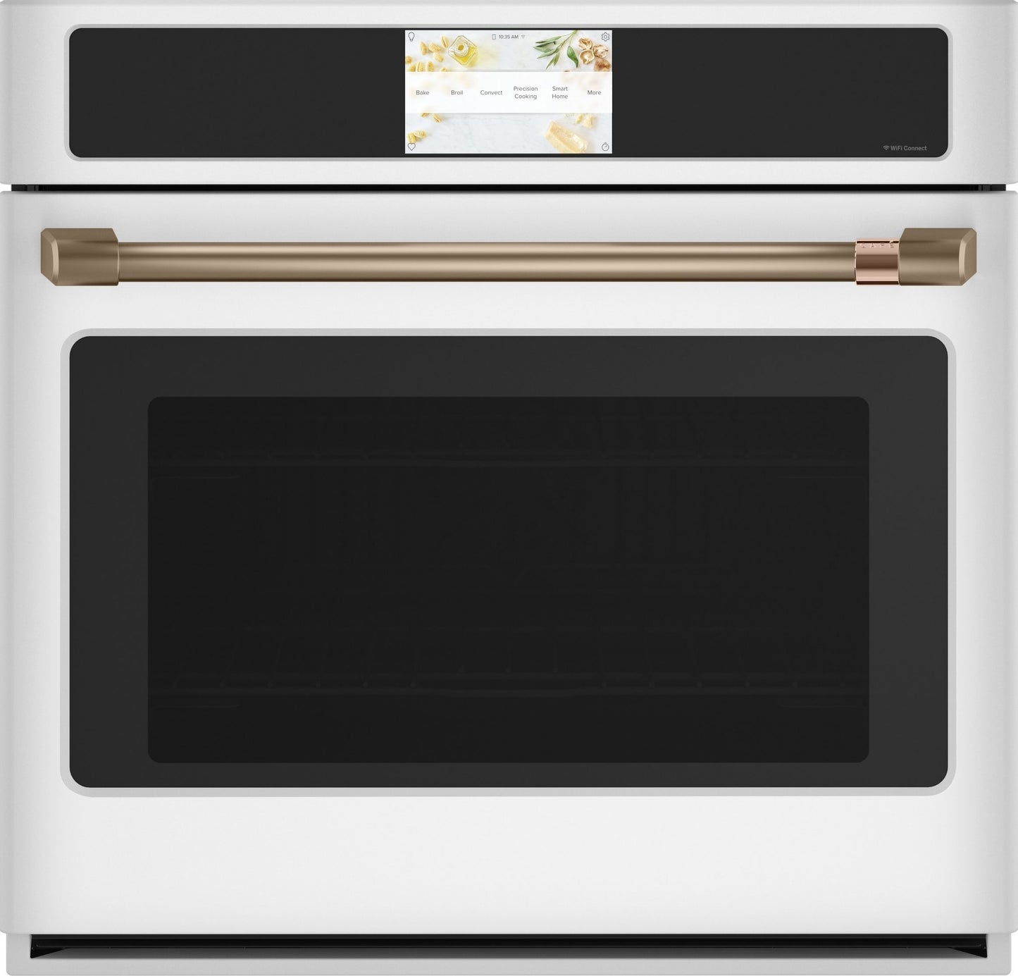 White built-in convection wall oven with touchscreen display and brass handle from kitchen appliances collection