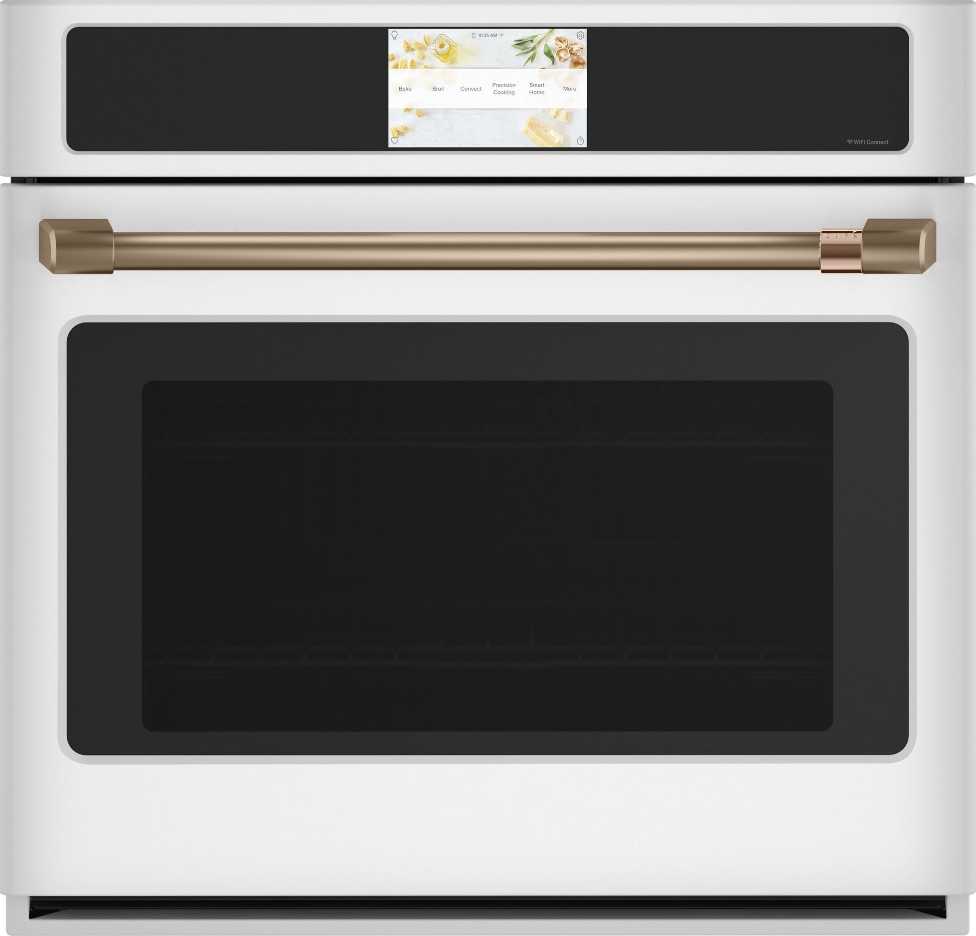 White built-in convection wall oven with touchscreen display and brass handle from kitchen appliances collection