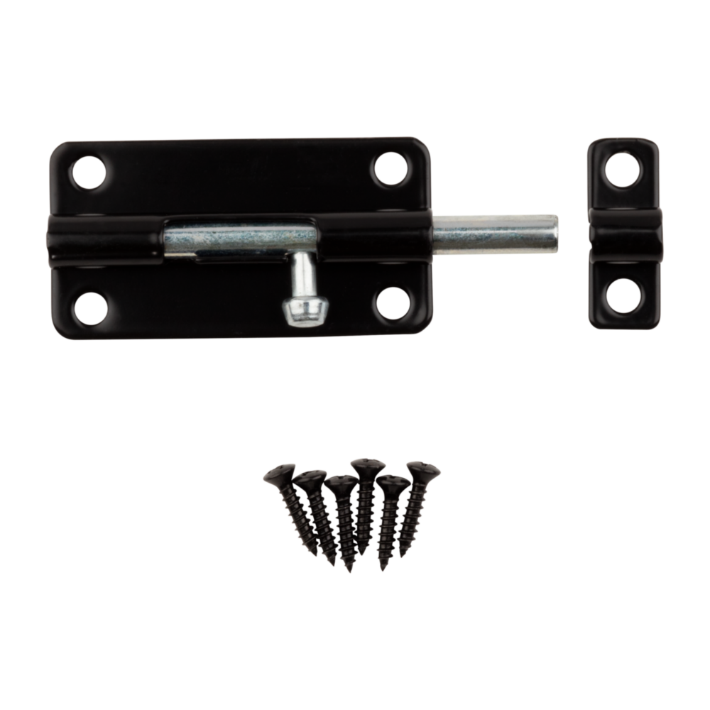 4-inch black steel door bolt with mounting screws for securing lightweight doors and gates in home improvement projects