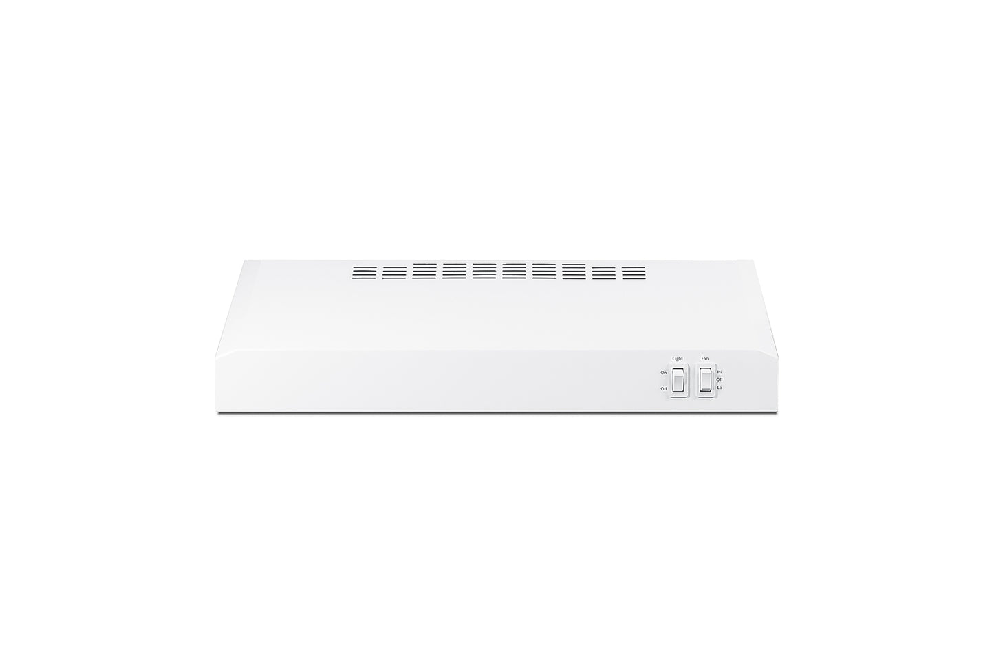 White under cabinet convertible range hood with ventilation slots and control switches for home improvement kitchens