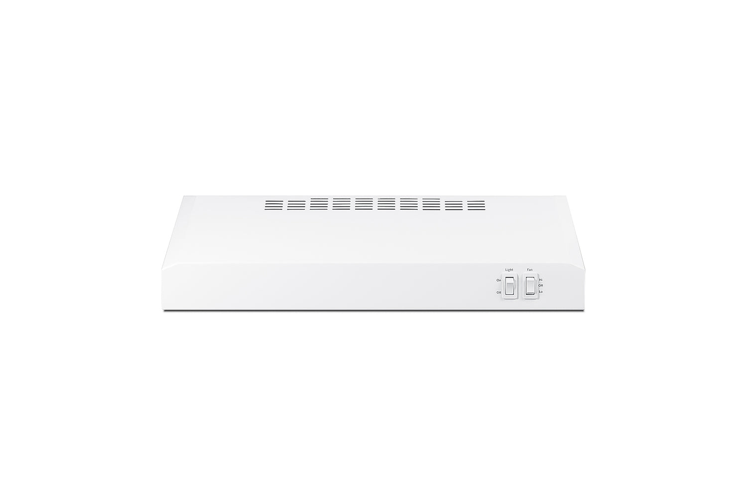 White under cabinet convertible range hood with ventilation slots and control switches for home improvement kitchens