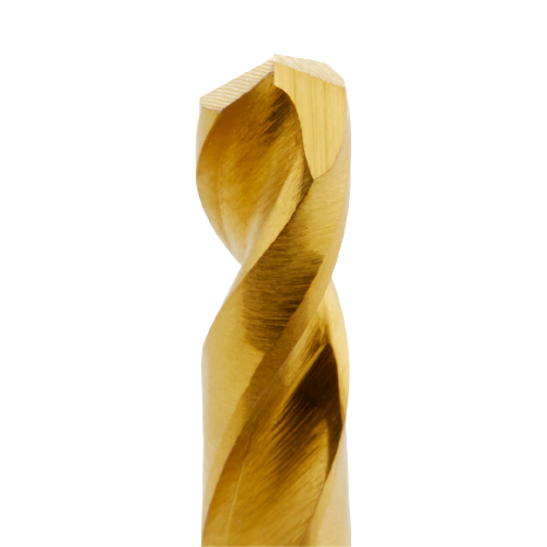 Close-up of a 1/8 inch titanium drill bit with a red helix design for tool accessories and home improvement collections