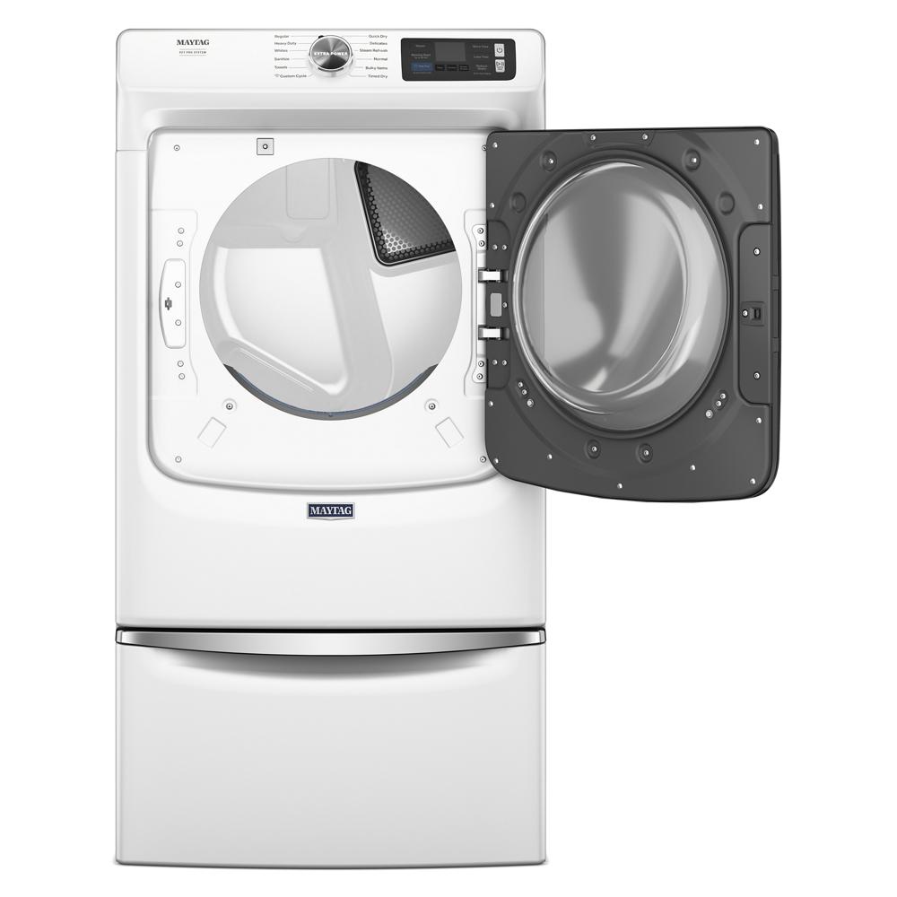 White front load gas dryer with open door showing stainless steel drum from dryers and appliances collection