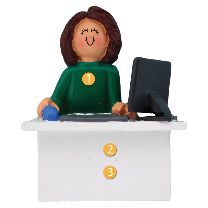Brunette female figurine using computer at desk Christmas ornament for holiday tree decoration under $50 collection
