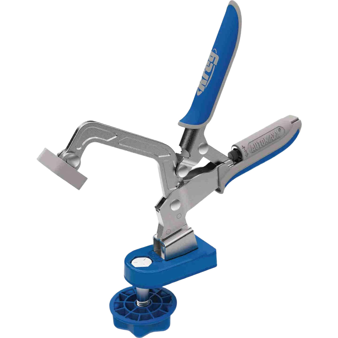 Metal bench clamp with blue ergonomic handles and adjustable base for precise home improvement tool tasks