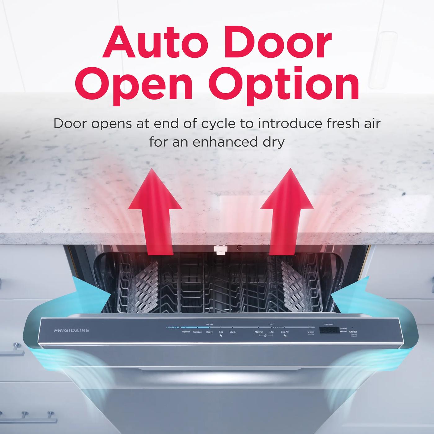Open 24-inch dishwasher door with arrows showing air flow for fresh air drying in kitchen appliances collection