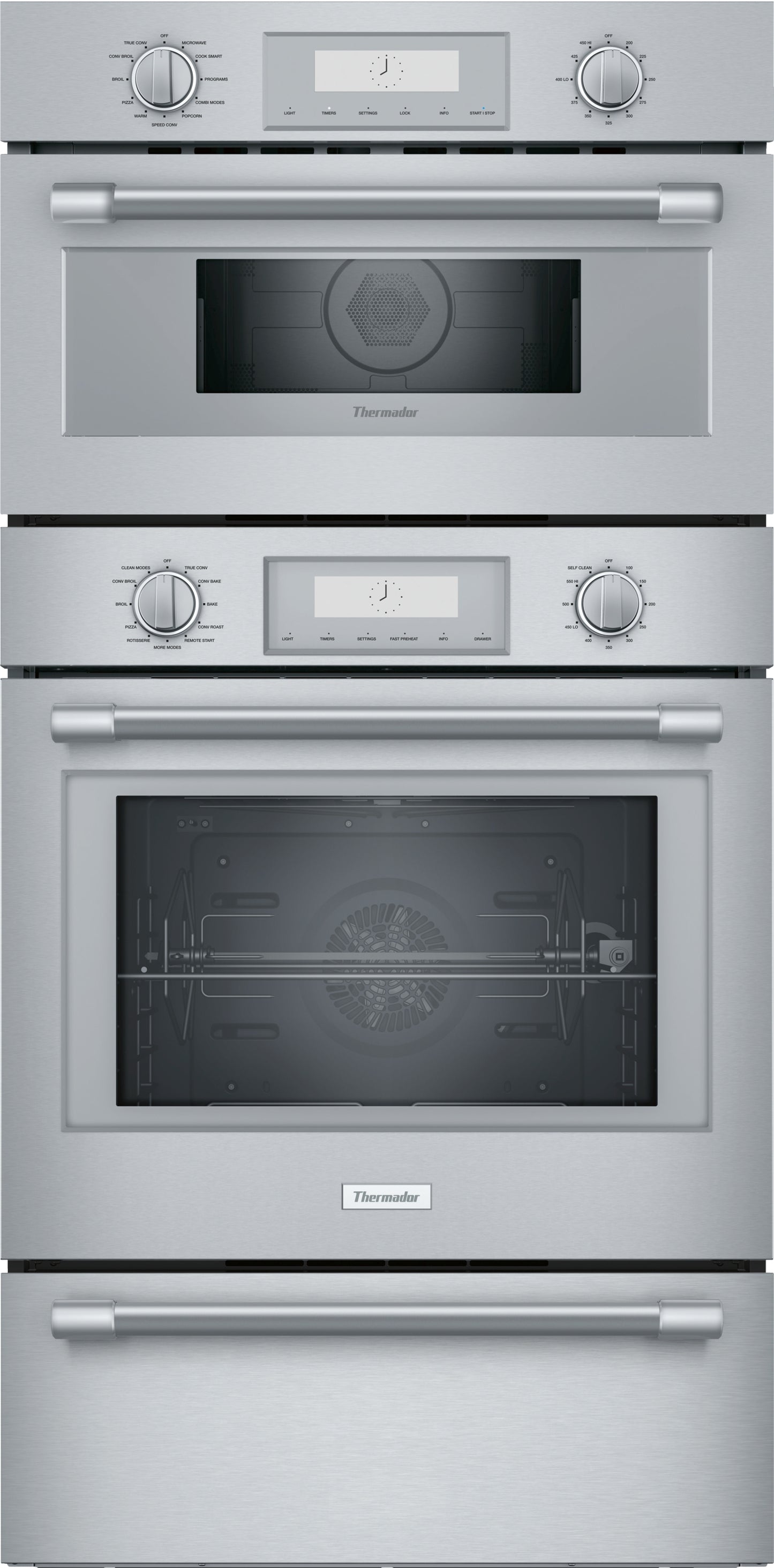 Stainless steel built-in wall ovens with digital displays, control knobs, and convection rotisserie features from Thermador collection