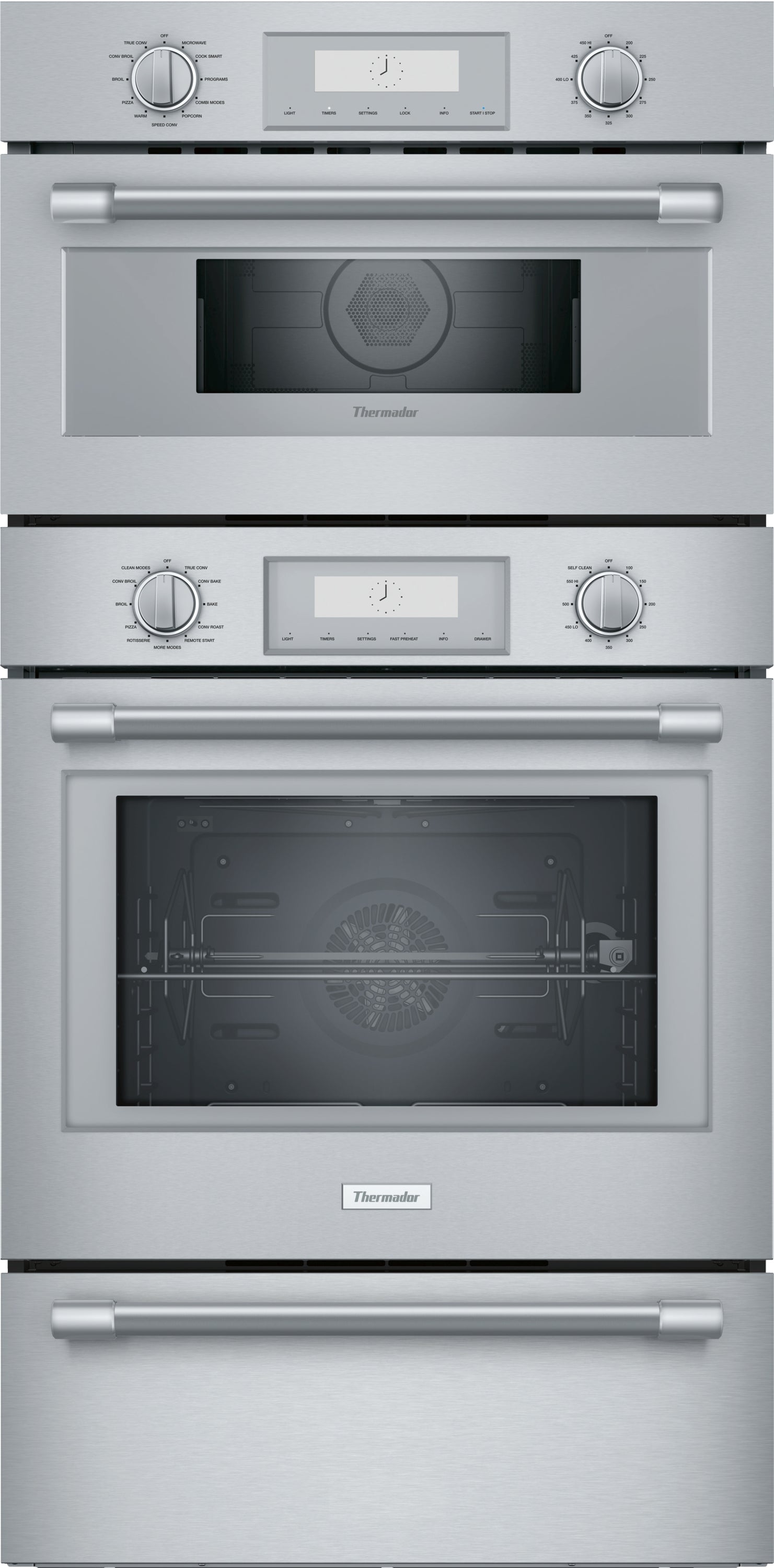 Stainless steel built-in wall ovens with digital displays, control knobs, and convection rotisserie features from Thermador collection