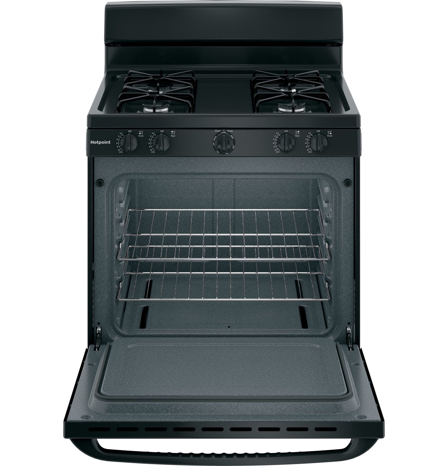 Open black free-standing gas range with two burners and wire racks in the oven in kitchen appliances collection