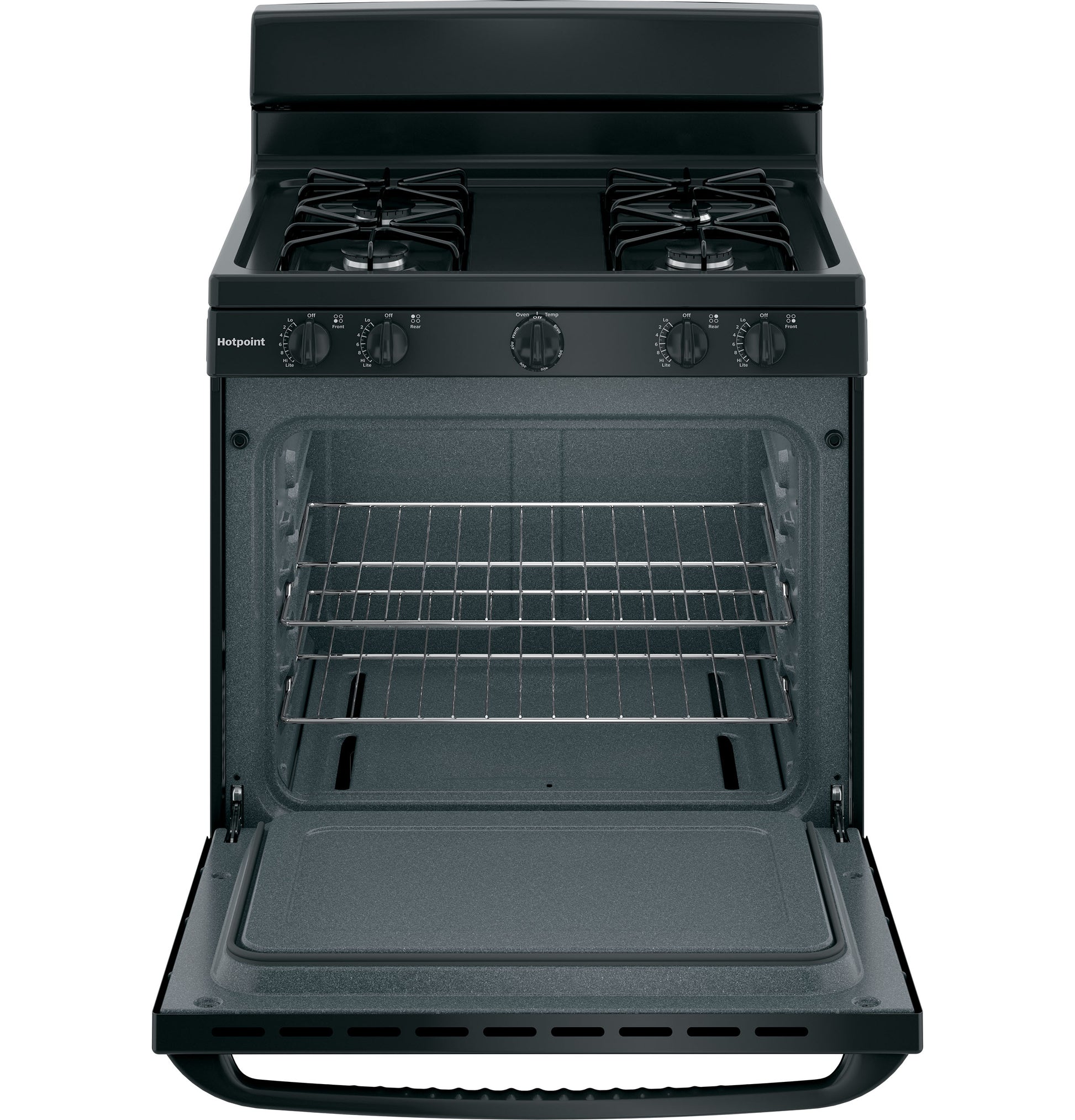 Open black free-standing gas range with two burners and wire racks in the oven in kitchen appliances collection