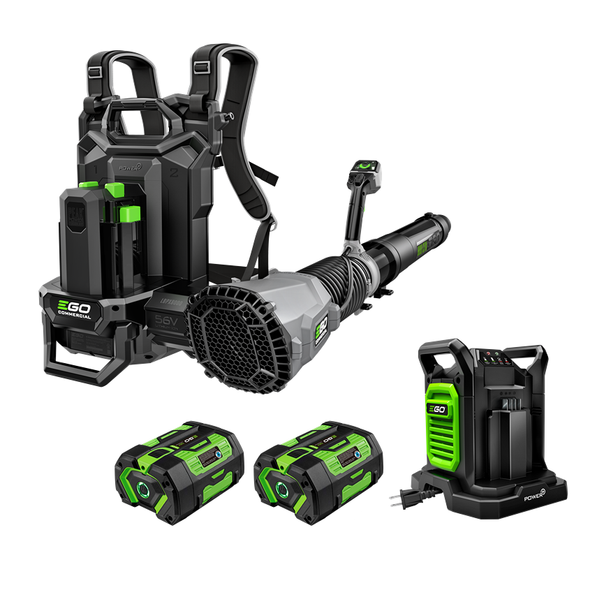 Commercial backpack blower with harness, two battery packs, and battery charger for outdoor and home improvement tasks