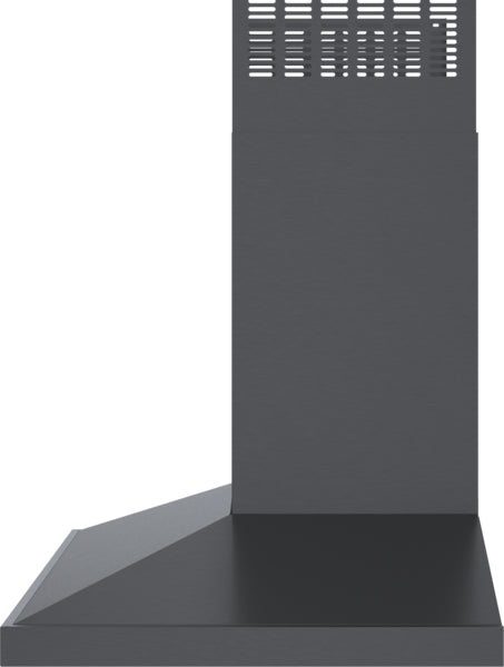 Black stainless steel wall hood with pyramid chimney design for kitchen and home improvement appliances collection