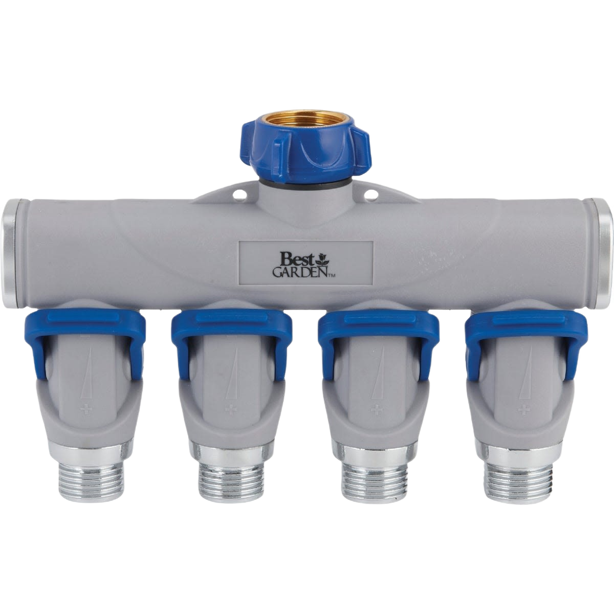 Aluminum 4-way garden hose connector manifold with blue shutoff valves for control in tools and home improvement tasks