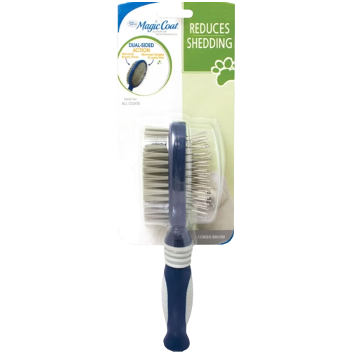 Dual-sided pet grooming brush with metal pins and soft bristles to reduce shedding and maintain coat health