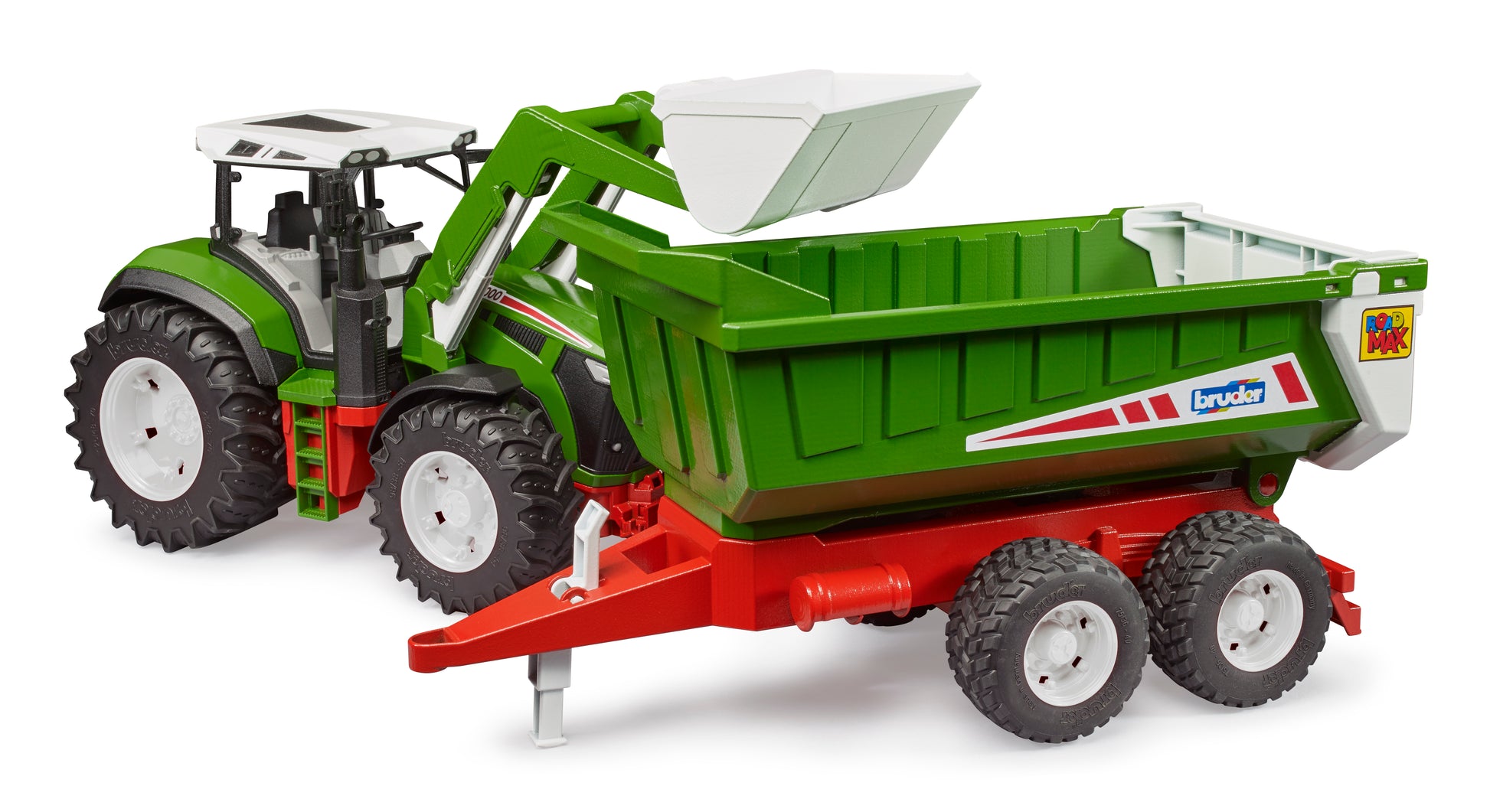Green and red Bruder toy tractor with front loader and tipping trailer from Vehicles & Remote Controlled Toys collection