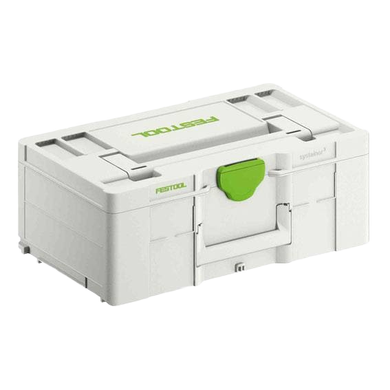 Compact white and green interlocking tool storage box for workshop organization and jobsite storage systems under $100 collections