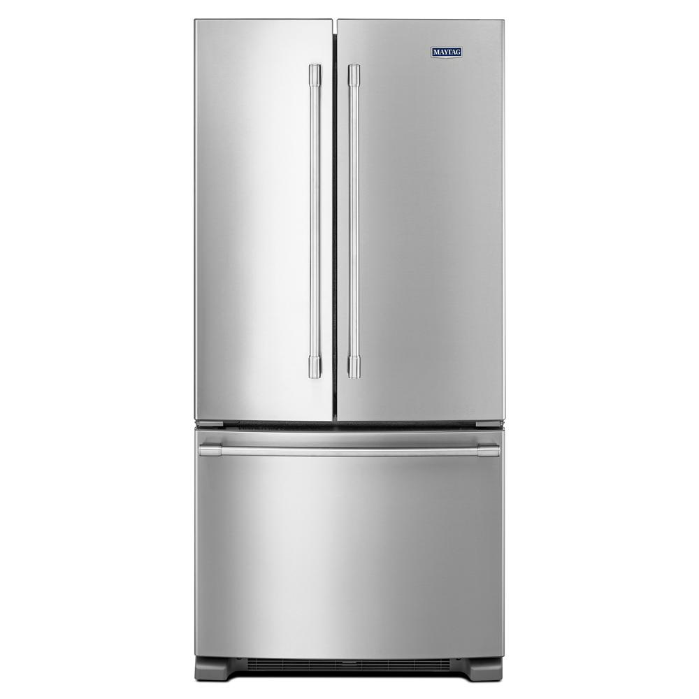 Stainless steel french door refrigerator with bottom freezer drawer and sleek vertical handles in kitchen appliances collection