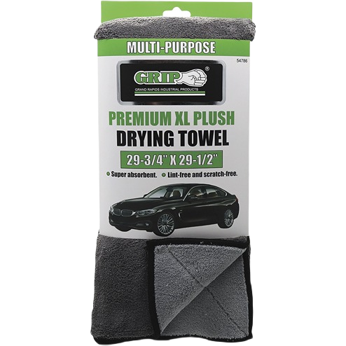 Gray plush drying towel with black trim designed for super absorbent, lint-free drying in home care tasks
