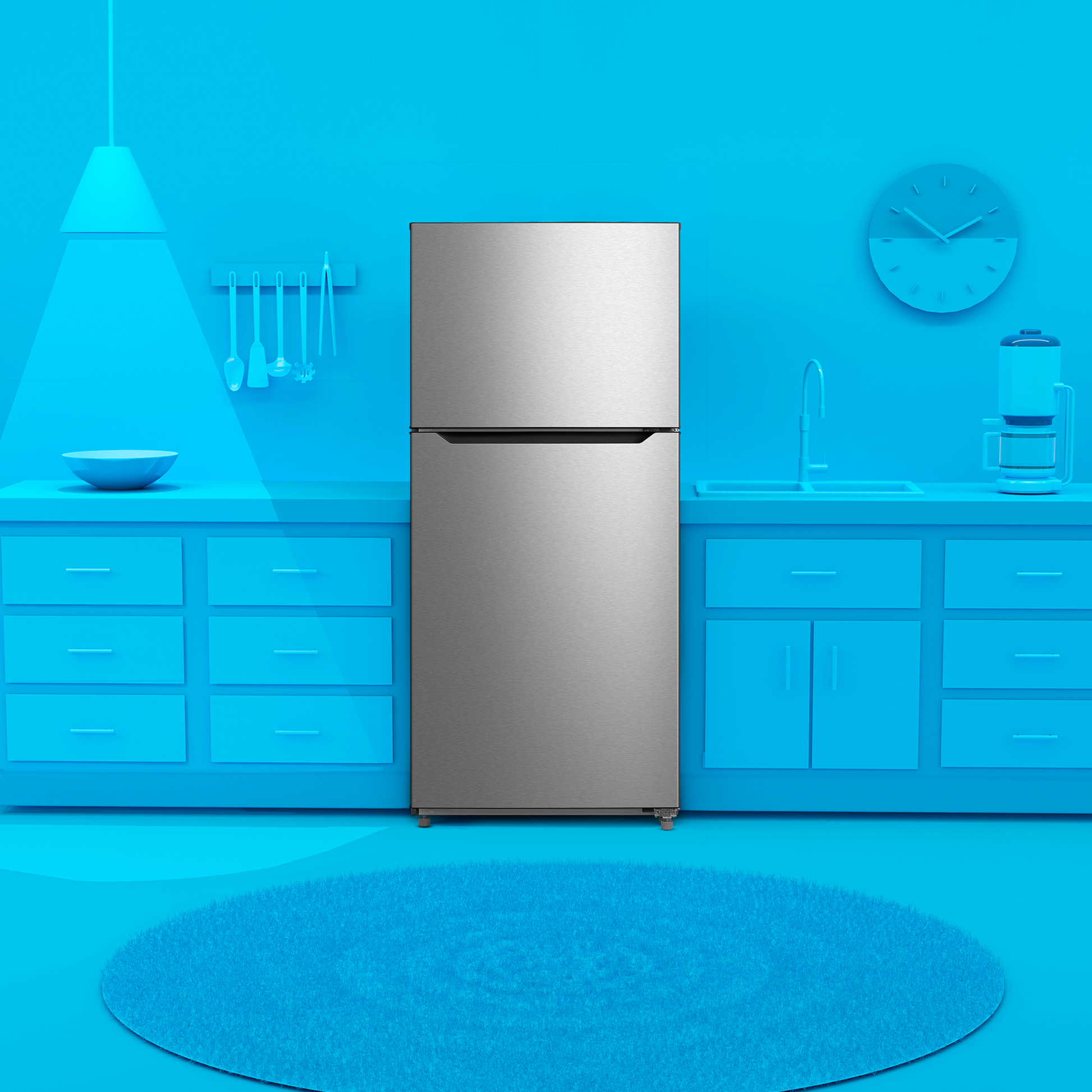 Stainless steel top freezer refrigerator in modern kitchen setting with blue cabinetry and appliances collection